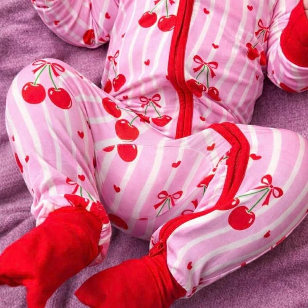 Cherry Hearts Bamboo Footie Pajamas | Cherry Print Zippy Sleeper 18-24M | NWT